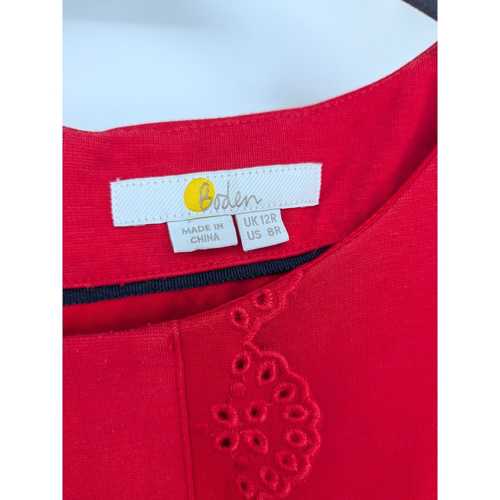 Boden Scalloped Eyelet Dress Women 8 Red 3/4 Sleeve Knee Length Holiday Office - Picture 4 of 7